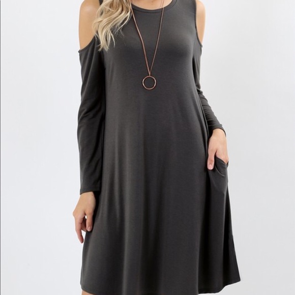 Grey Cold Shoulder Dress with Pockets - Picture 2 of 2